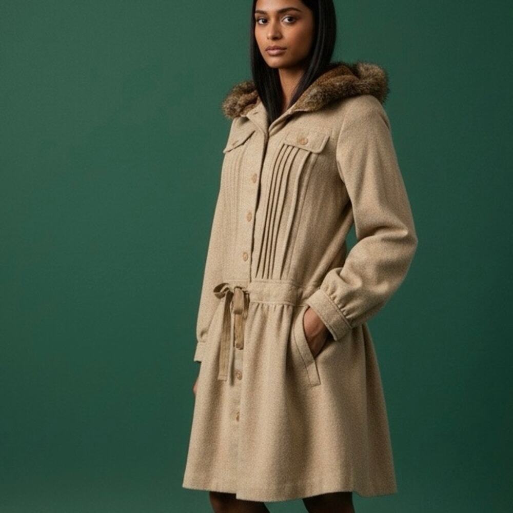 Fresh For Flash Fashion Jacket Woven Wool Blend Hooded Rabbit Fur trim Junior L